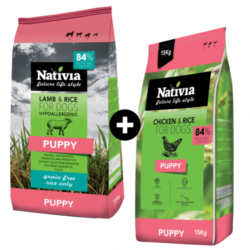 MOJE COMBO NATIVIA: Puppy 15 kg + Puppy Lamb & Rice 15 kg