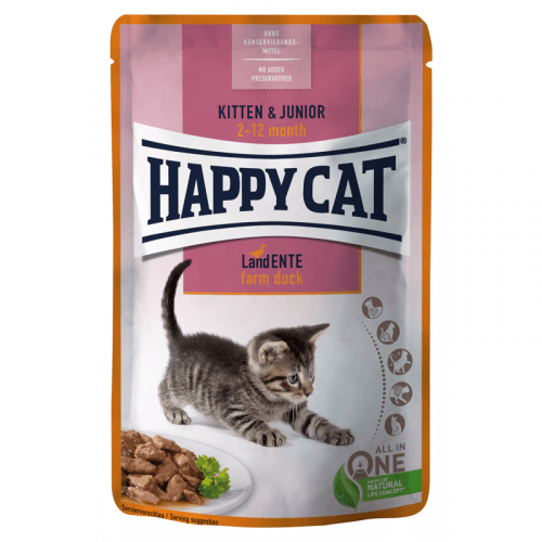 Happy Cat Pouches - Meat in Sauce Kitten & Junior Land-Ente 85 g
