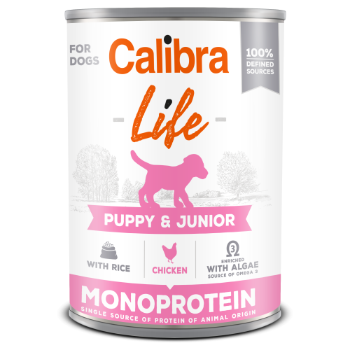 Calibra Dog Life konz. Puppy & Junior Chicken & Chicken hearts with rice 400 g